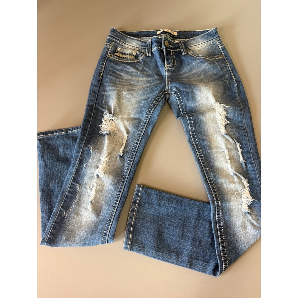 ZCO Jeans Womens 5 Blue Distressed Rhinestone Cross Bootcut Denim Y2K Low Rise